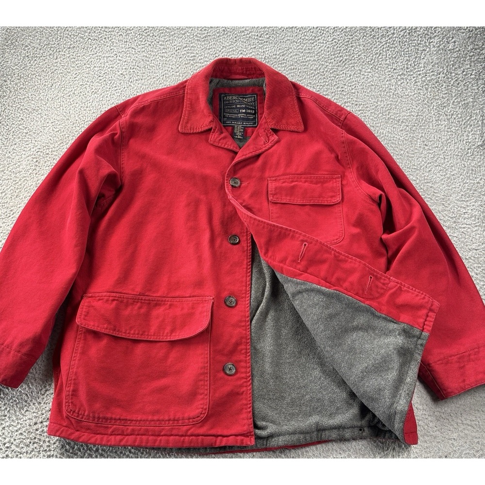 Vintage Abercrombie & Fitch Chore Coat Medium Red Corduroy Trim Oversized Lined - Picture 5 of 16
